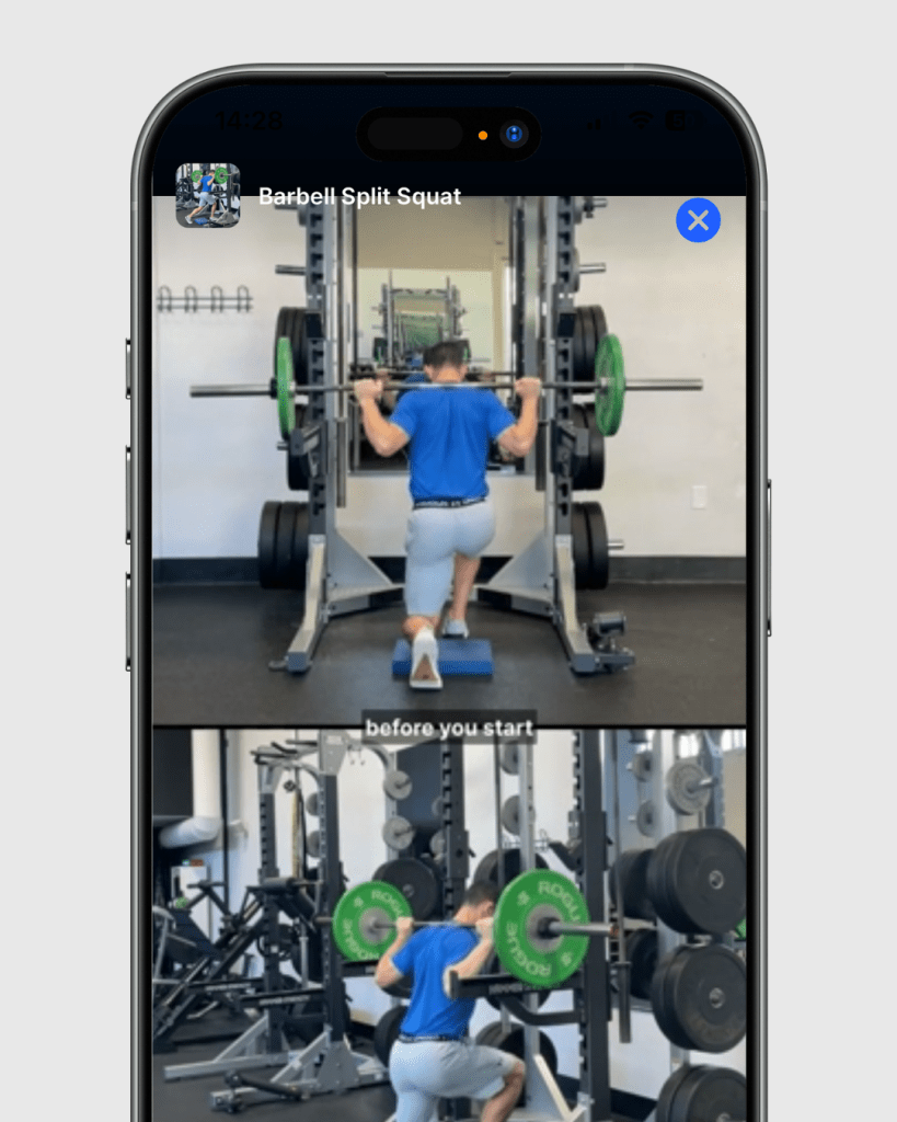 Barbell Split Squat Exercise on the Fit For Golf App